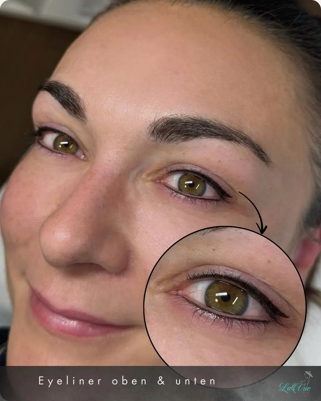 Jüngere Dame nach einer Eyeliner oben & unten PMU Behandlung von Lavuebeauty. Man sieht die behandelte Augenpartie in einer Nahaufnahme unten rechts