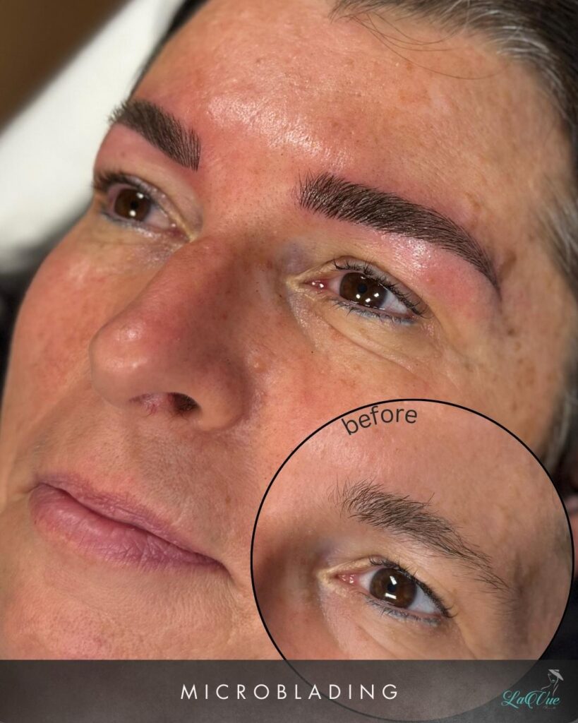 Frau mittleren alters nach einer Lavuebeauty Permanent Make-up Behandlung in Bern. Im großen Format sieht man das Ergebnis, unten rechts, wie die Augebrauen Vorher aussahen.