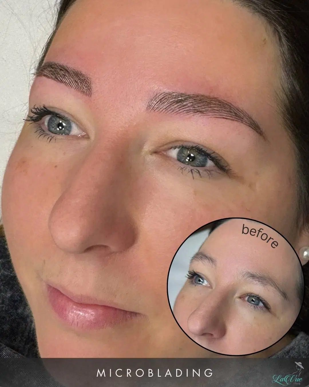 Microblading Behandlung einer jungen Frau. Im Bild sieht man im großen Format das Ergebnis und rechts unten ein Ausschnitt davon, wie es zuvor aussah